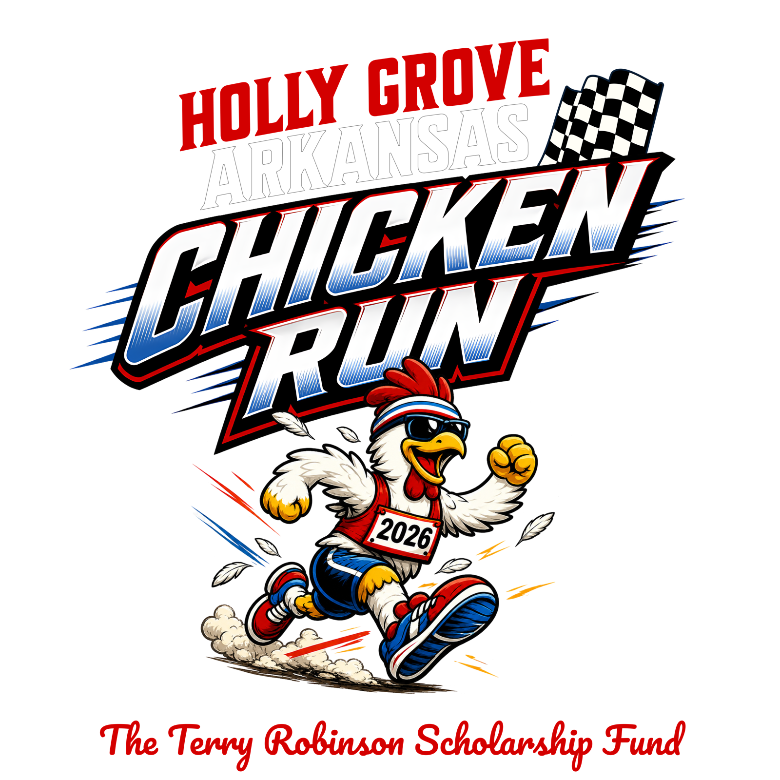 Holly Grove Arkansas Chicken Run 2026 artwork featuring a running chicken and checkered flag